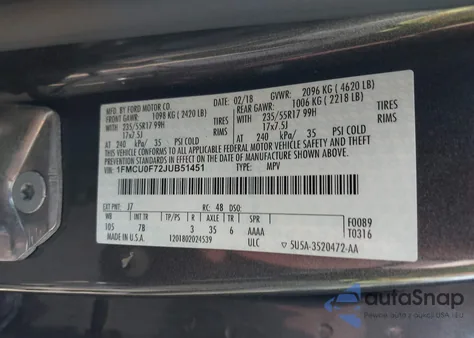 2018 Ford Escape S из США, поврежденный, VIN 1FMCU0F72JUB51451